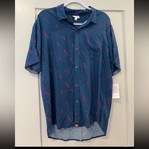 LuLaRoe Button Up Shirt ~ Navy with Pink Lightning Bolts